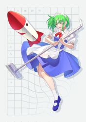 Rule 34 | 1girl, apron, blue dress, blue shoes, character name, closed eyes, copyright name, corrupted twitter file, dress, frilled sleeves, frills, full body, green hair, guumin, highres, holding, holding mop, maid, maid apron, maid headdress, mimi-chan, mop, open mouth, phantasmagoria of dim.dream, puffy short sleeves, puffy sleeves, ruukoto, shoes, short hair, short sleeves, smile, socks, solo, touhou, touhou (pc-98), white apron, white socks