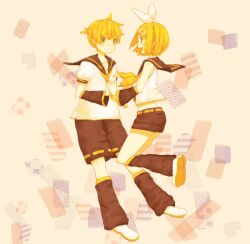 1boy 1girl belt blonde_hair commentary_request detached_sleeves full_body green_eyes hair_ornament hairclip holding_hands kagamine_len kagamine_rin leg_warmers long_sleeves midriff moso4 neckerchief necktie open_mouth ponytail profile sailor_collar short_hair short_ponytail shorts smile vocaloid