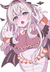 1girl akatana_(ewokakitaindes) bandages bat_(animal) black_wings blue_pupils blush bracelet breasts claws firefly_(honkai:_star_rail) frilled_shirt frills grey_hair hair_between_eyes hair_intakes hairband halloween_costume highres honkai:_star_rail honkai_(series) horns jewelry large_breasts multicolored_eyes navel neck_ribbon open_mouth ribbon shirt simple_background solo teeth thong two-tone_eyes upper_teeth_only white_background wings