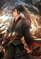 Rule 34 | 1boy, bishounen, black hair, black hanfu, bridal gauntlets, brown eyes, chinese clothes, closed mouth, cloud, cloudy sky, dawn, dizi, flute, grass, hanfu, high ponytail, highres, holding, holding flute, holding instrument, instrument, jujeop, korean commentary, long hair, long sleeves, looking to the side, male focus, modao zushi, mouth hold, night, night sky, outdoors, plant, ponytail, reeds, robe, sash, sidelocks, sky, smile, solo, stalk in mouth, standing, sunset, transverse flute, wei wuxian, wide sleeves