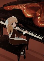 1girl apron black_dress black_shoes blonde_hair brown_eyes d_jh_d dress flesh flesh_blood_&amp;_concrete flower grand_piano hair_flower hair_ornament hashtag-only_commentary highres instrument light_smile long_hair long_sleeves music nika_(flesh_blood_&amp;_concrete) piano playing_instrument red_background shoes simple_background solo turning_head white_apron
