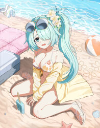 1girl absurdres aqua_hair ball beachball bikini bird blue_archive breasts cleavage commentary eyewear_on_head floral_print_bikini flower full_body garados_(limmjiiiminnn99) green_halo hair_flower hair_ornament hair_over_one_eye halo highres hiyori_(blue_archive) hiyori_(swimsuit)_(blue_archive) long_hair looking_at_viewer multicolored_bikini official_alternate_costume orange_bikini seagull side_ponytail sitting sunglasses swimsuit tears unworn_bikini_top wariza white_bikini yellow-framed_eyewear