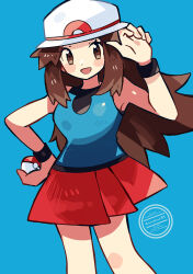 1girl :d anidler91 blue_background blue_shirt brown_eyes brown_hair commentary hand_on_own_hip hat highres holding holding_poke_ball leaf_(pokemon) long_hair looking_at_viewer nintendo open_mouth poke_ball poke_ball_(basic) pokemon pokemon_frlg red_skirt shirt skirt sleeveless sleeveless_shirt smile solo symbol-only_commentary white_hat wristband