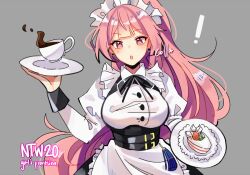 ! 1girl :o apron black_ribbon breasts cake character_name coffee coll_(erichankun) copyright_name dress earrings food frills girls&#039;_frontline grey_background holding holding_plate jewelry long_hair long_sleeves looking_at_viewer maid maid_headdress medium_breasts ntw-20_(girls&#039;_frontline) ntw-20_(the_aristocrat_experience)_(girls&#039;_frontline) official_alternate_costume open_mouth pink_eyes pink_hair plate ribbon simple_background solo stud_earrings very_long_hair