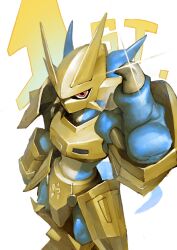 absurdres armor blue_skin blue_tail bly_mead colored_skin digimon digimon_(creature) dragon fewer_digits glint gold_armor gold_helmet highres magnamon midriff no_humans red_eyes shoulder_armor solo thumbs_up
