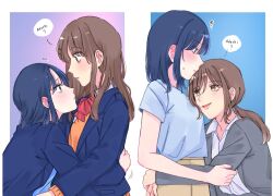 Rule 34 | 2girls, adachi sakura, adachi to shimamura, arm around waist, blue hair, blue jacket, blue shirt, bow, bowtie, brown eyes, brown hair, brown skirt, closed mouth, collared shirt, commentary, green eyes, grey jacket, highres, hug, jacket, long hair, medium hair, mizoshita88, multiple girls, orange sweater, parted lips, ponytail, red bow, red bowtie, school uniform, shimamura hougetsu, shirt, skirt, smile, speech bubble, squiggle, sweater, symbol-only commentary, white shirt, yuri