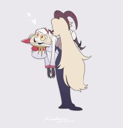 Rule 34 | 1boy, 1girl, blonde hair, blush stickers, carrying, commentary, couple, demon boy, demon girl, english commentary, english text, hair slicked back, hazbin hotel, hetero, husband and wife, k500yen, lilith (hazbin hotel), lucifer morningstar (hazbin hotel), princess carry