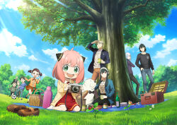 4girls 6+boys :d against_tree anya_(spy_x_family) arm_up ball becky_blackbell belt black_bow black_bowtie black_hair black_jacket black_pants black_shorts black_skirt blanket blue_jacket blue_pants blue_shirt blue_sky blue_sweater blush bond_(spy_x_family) bottle bow bowl_cut bowtie brown_footwear brown_hair bug camera cane cardigan closed_mouth cloud collarbone collared_shirt cup damian_desmond day dog dress dress_shirt emile_elman ewen_egeburg facial_hair fiona_frost flower food grass green_eyes green_shirt grey_eyes grey_hair hair_between_eyes hair_over_one_eye hairpods hand_in_pocket headband henry_henderson highres holding holding_camera holding_cup insect jacket jam jar ladybug leaf leaning loafers long_sleeves looking_at_another looking_at_viewer monocle multiple_boys multiple_girls mustache official_art open_mouth orange_pants orange_shirt orange_skirt outdoors pants picnic picnic_basket pink_hair plate pleated_skirt red_dress red_eyes running shirt shoes unworn_shoes shorts single_tooth sitting skirt sky smile soccer_ball socks spy_x_family sweater teeth thermos tree twilight_(spy_x_family) upper_teeth_only wariza white_dog white_hair white_shirt white_socks yor_briar yuri_briar