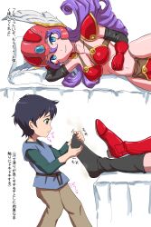 1boy 1girl absurdres black_socks blue_eyes boots ddrysuper dragon_quest dragon_quest_iii feet foot_focus helmet highres long_hair looking_at_viewer lying on_side purple_hair shoes single_boot single_shoe socks steam translated warrior_(dq3) winged_helmet