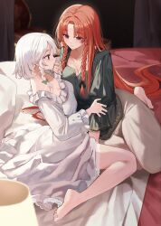2girls alternate_costume arm_between_legs artistic_error barefoot bed blue_eyes bow braid breasts cleavage collarbone commentary dress full_body green_bow green_shirt hair_bow highres holding_another&#039;s_hair hong_meiling izayoi_sakuya lace lace-trimmed_dress lace_trim long_hair long_sleeves looking_at_another medium_breasts medium_hair multiple_girls on_bed pants parted_bangs red_hair sarukana shirt side_braids sitting touhou very_long_hair wariza white_dress white_hair white_pants wrong_foot yokozuwari yuri