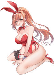 1girl animal_ears arisugawa_natsuha bare_legs bow bowtie breasts brown_eyes dated detached_collar fake_animal_ears full_body high_heels idolmaster idolmaster_shiny_colors kevn large_breasts leotard long_hair looking_at_viewer orange_hair playboy_bunny ponytail rabbit_ears rabbit_tail red_bow red_bowtie red_footwear red_hair red_leotard signature simple_background sitting solo strapless strapless_leotard tail tongue tongue_out wariza white_background wrist_cuffs
