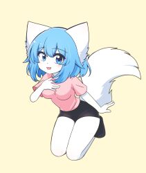 1girl :3 :d animal_ear_fluff animal_ears black_shorts black_socks blue_eyes blue_hair blush breasts collarbone commentary dot_nose english_commentary full_body furry furry_female hair_between_eyes hand_on_own_chest highres indie_virtual_youtuber legs_together light_blush looking_at_viewer medium_breasts no_shoes open_mouth pink_shirt seiza shirt short_hair short_shorts short_sleeves shorts simple_background sitting smile socks solo tail thick_eyelashes virtual_youtuber white_fur white_tail wolf_ears wolf_girl wolf_tail wolfychu wolfychu_(artist) yellow_background