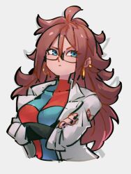 Rule 34 | 1girl, android 21, black nails, blue eyes, breasts, brown hair, checkered clothes, checkered dress, closed mouth, commentary, crossed arms, dragon ball, dragon ball fighterz, dress, earrings, fingernails, glasses, grey background, hoop earrings, jewelry, kemachiku, lab coat, long hair, looking to the side, medium breasts, nail polish, red hair, red ribbon army, simple background, solo, symbol-only commentary, upper body
