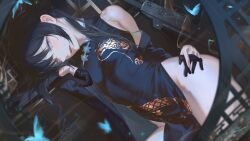 Rule 34 | 1girl, black dress, black gloves, black hair, blue archive, blue butterfly, blue eyes, breasts, bug, butterfly, china dress, chinese clothes, coat, dragon print, dress, gloves, gun, half gloves, insect, kisaki (blue archive), pelvic curtain, print dress, side slit, small breasts, solo, weapon, xi-u