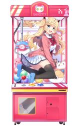 1girl :3 alternate_costume animal_ears animal_print aqua_eyes aqua_shoes artist_request ball black_thighhighs blonde_hair blush blush_stickers bow brooch buttons cat_ears cat_print character_name claws clothes_lift controller crane_game english_text fake_animal_ears final_gear full_body hair_ornament horizontal-striped_skirt in_crane_game jacket jewelry joystick loafers long_hair looking_at_viewer mechanical_ears official_alternate_costume official_art open_mouth pink_jacket pink_sleeve_cuffs pink_sleeves pleated_skirt pocket push-button red_bow sailor_collar school_uniform serafuku shirt shirt_bow shoes shyaditty_(final_gear) sidelocks simple_background single_sleeve_past_wrist skirt skirt_lift sleeve_cuffs solo star_(symbol) star_hair_ornament star_in_eye striped_collar stuffed_animal stuffed_toy sweater_jacket symbol_in_eye tachi-e text_print thighhighs third-party_source tongue twintails two-tone_skirt two_side_up very_long_hair wheel white_background white_sailor_collar white_serafuku white_shirt white_skirt