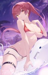 1girl :o bikini breasts dolphin_shorts floating_hair heart high_ponytail highres hololive houshou_marine houshou_marine_(summer) inflatable_raft kei_(keiillustrator) large_breasts long_hair navel night night_sky ponytail purple_sky red_bikini shorts sky solo stomach swimsuit very_long_hair virtual_youtuber