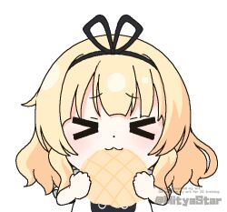 &gt;_&lt; 1girl :3 animal_print animated animated_gif anko_(gochiusa) black_hairband blonde_hair bread character_print chibi closed_eyes closed_mouth commentary_request eating english_text facing_viewer food gochuumon_wa_usagi_desu_ka? hairband holding holding_food kirima_syaro melon_bread mitya print_shirt rabbit_print shirt short_sleeves simple_background solo twitter_username upper_body watermark white_background white_shirt x3