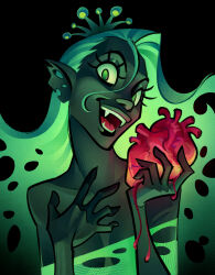 Rule 34 | 1girl, absurdres, bare shoulders, black background, blood, blood on hands, colored skin, crown, fangs, green eyes, green hair, green skin, hand on own chest, heart, highres, holding, long hair, looking at viewer, my little pony, my little pony: friendship is magic, personification, pointy ears, queen chrysalis, sacklumi, simple background, smile, solo, solo focus, teeth