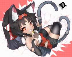1girl absurdres animal_ears bell black_hair black_thighhighs breasts cat_ears cat_girl copyright_logo dark_skin elbow_gloves extra_tails facial_mark forehead_mark from_above full_body gloves grin highres jingle_bell medium_breasts nekomiya_mana orange_eyes peketar pointing pointing_at_self shorts smile solo thighhighs zenless_zone_zero zettai_ryouiki