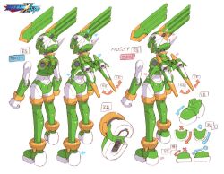 1boy armor boots reference_sheet commentary_request concept_art copyright_name crop_top full_body green_armor green_footwear green_helmet head_wings helmet male_focus mechanical_wings mega_man_(series) mega_man_x_(series) mega_man_x_dive mega_man_zero_(series) mega_man_zero_1 mega_man_zero_3 multiple_views nakayama_tooru official_art sage_harpuia_(mega_man) second-party_source simple_background thigh_boots translation_request white_background wings