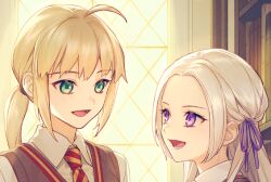 Rule 34 | 2girls, ahoge, alternate costume, artoria pendragon (fate), blonde hair, collared shirt, commentary, crossover, edelgard von hresvelg, english commentary, fate/stay night, fate (series), fire emblem, fire emblem: three houses, green eyes, hair between eyes, hair ribbon, happy, height difference, indoors, long hair, looking at another, looking down, looking to the side, looking up, low ponytail, mihoyuria, multiple girls, necktie, nintendo, open mouth, parted bangs, ponytail, purple eyes, purple ribbon, ribbon, saber (fate), school uniform, shade, shirt, smile, standing, upper body, vest, white hair, window