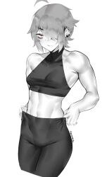 1girl absurdres ahoge bad_link black_pants covered_eyes deccatezu ear_piercing earrings gym_uniform hair_over_one_eye highres jewelry monochrome muscular muscular_female navel one_eye_covered open_mouth original pants piercing pulling_own_clothes red_eyes saya_(deccatezu) short_hair sleeveless sleeveless_turtleneck turtleneck twitter_username white_background