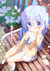 1girl blue_eyes blurry blurry_background blush breasts brown_footwear chinomaron commentary_request falling_petals glasses gochuumon_wa_usagi_desu_ka? hair_ornament highres kafuu_chino long_hair long_sleeves looking_at_viewer medium_breasts open_mouth outdoors petals plaid_clothes plaid_skirt pleated_skirt round_eyewear sailor_collar school_uniform serafuku shirt sitting skirt sleeves_past_wrists smile socks solo translation_request twintails white_sailor_collar white_skirt white_socks x_hair_ornament yellow_shirt