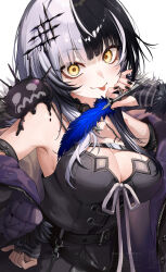 1girl :p armpits belt black_belt black_choker black_dress black_hair black_nails blue_feathers blush breasts chest_belt choker cleavage closed_mouth coat commentary dress feather-trimmed_sleeves feathers fur-trimmed_coat fur_trim hair_ornament hand_on_own_hip highres holding holding_quill hololive hololive_english jacket kito_koruta lace lace_choker looking_at_viewer medium_breasts medium_hair multicolored_hair nail_polish off_shoulder open_clothes open_jacket purple_jacket quill shiori_novella shiori_novella_(1st_costume) sidelocks simple_background smile solo split-color_hair striped_arm_warmers tongue tongue_out two-tone_hair upper_body virtual_youtuber watermark white_background white_hair yellow_eyes yorick_(shiori_novella)