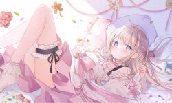 1girl bare_legs blonde_hair blue_eyes blue_petals blue_pillow blush bow dress falling_petals hands_up highres long_sleeves looking_at_viewer lying no_shoes on_back original petals pillow pink_bow pink_dress pink_pillow red_petals socks solo white_dress white_sleeves white_socks yukinoshita_peo_(artist)