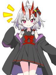 1girl bare_shoulders black_bow black_coat black_sailor_collar black_shirt black_skirt blush bow bowtie closed_mouth coat commentary_request cowboy_shot dot_nose grey_hair hair_bow hand_up highres horns kotatsu-mazoku long_sleeves looking_at_viewer multicolored_hair notice_lines off_shoulder open_clothes open_coat original pink_eyes pleated_skirt pointy_ears red_bow red_bowtie red_hair red_horns sailor_collar shirt shoshinsha_mark simple_background skirt sleeveless sleeveless_shirt sleeves_past_fingers sleeves_past_wrists smile solo streaked_hair striped_bow two-tone_hair white_background