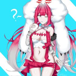 1girl ? baobhan_sith_(fate) baobhan_sith_(swimsuit_pretender)_(first_ascension)_(fate) blue_background breasts cernunnos_(fate) clothes_pull cup detached_collar drinking drinking_straw fate/grand_order fate_(series) fur-trimmed_jacket fur_trim grey_eyes hand_up highres holding holding_cup jacket long_hair looking_at_viewer low_twintails navel one_eye_closed pink_hair pink_skirt pointy_ears sidelocks skirt skirt_pull solo twintails vemus_01 white_jacket