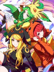 alternate_costume blonde_hair crossover flareon gen_1_pokemon gen_2_pokemon gen_4_pokemon green_hair highres hood hoodie kid_icarus kid_icarus_uprising leafeon milo_monzon multiple_girls mythra_(xenoblade) nintendo palutena pokemon pyra_(xenoblade) red_eyes red_hair umbreon xenoblade_chronicles_(series) xenoblade_chronicles_2
