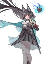 1girl absurdres animal_ear_fluff animal_ears aqua_jacket black_hair black_necktie black_pantyhose black_skirt blunt_bangs collared_shirt eyeball floating_hair fox_ears fox_girl gauntlets gyechan_(3bib1m) high-waist_skirt highres holding holding_sword holding_weapon hoshimi_miyabi jacket katana long_hair necktie pantyhose red_eyes shirt simple_background single_gauntlet skirt sword tailless_(zenless_zone_zero) weapon white_shirt zenless_zone_zero