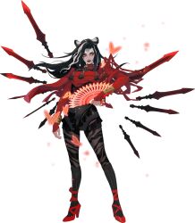 1girl animal_ears black_hair dislyte floating_clothes floating_hair folding_fan full_body hand_fan high_heels holding holding_fan jin_yuyao_(queen_mother)_(dislyte) long_hair long_sleeves multicolored_hair panther_ears solo standing streaked_hair
