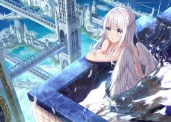 Rule 34 | 1girl, angel wings, architecture, bathing, blush, braid, bridge, building, commentary request, completely nude, crossed arms, dome, falling feathers, fantasy, feathers, fingernails, from behind, gothic architecture, grey eyes, grey hair, grey wings, hair between eyes, half up braid, highres, hominotsu, long bangs, long hair, looking at viewer, looking back, nude, onsen, original, partially submerged, raised inner eyebrows, scenery, solo, tower, turning head, very long hair, water, wings