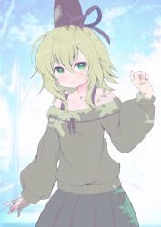 Rule 34 | 1girl, absurdres, adapted costume, bare shoulders, black hat, blue background, commentary request, commission, cowboy shot, green eyes, green hair, green skirt, green sweater, hat, highres, long sleeves, looking at viewer, mikoko1, short hair, skeb commission, skirt, soga no tojiko, solo, sweater, tate eboshi, touhou