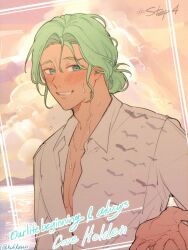 1boy animal_print bird_print blush cloud cloudy_sky collar collared_shirt cove_holden curtained_hair fake_photograph green_eyes green_hair grin highres kulissara-aung looking_at_viewer low_ponytail mountainous_horizon nervous ocean offering_hand open_clothes open_mouth open_shirt our_life:_beginnings_and_always outstretched_hand pastel_colors pectorals ponytail reflection reflective_water shirt sky smile solo sweatdrop swept_bangs upper_body white_shirt