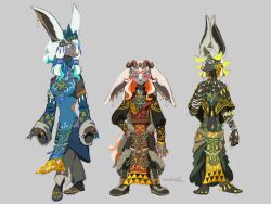 1girl 2others bracelet charged_set_(zelda) colored_eyelashes dinraal earrings ember_set_(zelda) fake_horns farosh fingernails flats frostbite_set_(zelda) full_body furry furry_female grey_background grey_hair highres horned_headwear horns jewelry kamabokobun looking_at_viewer multiple_bracelets multiple_earrings multiple_others naydra nintendo sharp_fingernails smile standing the_legend_of_zelda the_legend_of_zelda:_tears_of_the_kingdom tiara very_long_ears zonai