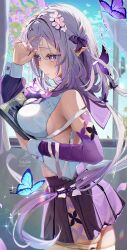 1girl alternate_costume bare_shoulders blue_butterfly blush breasts bug butterfly castorice_(honkai:_star_rail) commentary_request detached_sleeves fingernails flower from_side hair_ribbon hand_in_own_hair hand_up highres honkai:_star_rail honkai_(series) insect kabu_usagi large_breasts long_hair long_sleeves nail_polish paid_reward_available parted_lips pointy_ears purple_butterfly purple_eyes purple_flower purple_hair purple_nails purple_ribbon purple_sailor_collar purple_skirt purple_sleeves ribbon sailor_collar sideboob signature skirt solo sweat translation_request twitter_username very_long_hair