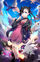 1girl artist_name black_choker black_footwear black_hair black_jacket black_nails blue_eyes blue_sky boots breasts choker cloud commentary corviknight day dress earrings elver-lee english_commentary feet_out_of_frame galarian_form galarian_zigzagoon gen_3_pokemon gen_8_pokemon hair_between_eyes hair_ribbon hand_up highres jacket jewelry long_hair long_sleeves looking_at_viewer marnie_(pokemon) medium_breasts morpeko morpeko_(hangry) nail_polish nintendo open_clothes open_jacket outdoors pink_dress pink_lips pointy_hair pokemon pokemon_(creature) pokemon_swsh red_ribbon ribbon short_dress sky sparkle standing star_(sky) zigzagoon