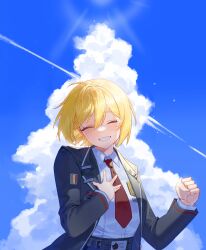 1girl absurdres badge black_coat blonde_hair blue_sky closed_eyes cloud coat collared_shirt don_quixote_(project_moon) grin hand_on_own_chest highres lapels limbus_company long_sleeves necktie notched_lapels project_moon ranya_(artiraia) red_necktie shirt short_hair sky smile solo sticker sunlight white_shirt