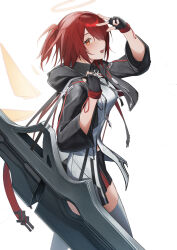 1girl absurdres arknights arm_up black_gloves black_jacket blush cowboy_shot detached_wings exusiai_(arknights) exusiai_the_new_covenant_(arknights) fingerless_gloves gloves grey_thighhighs hair_over_one_eye halo highres hood hood_down hooded_jacket jacket looking_at_viewer one_eye_covered one_side_up open_clothes open_jacket open_mouth orange_eyes r_oot red_hair short_hair simple_background solo standing strap thighhighs traditional_halo w white_background wings yellow_halo