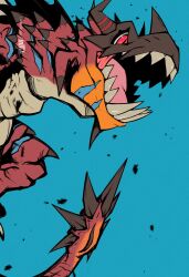 Rule 34 | blue background, dark skin, digimon, digimon (creature), dragon, highres, horns, monster hunter (series), no humans, open mouth, red eyes, reusgreymon, ridgeone, sharp teeth, simple background, slit pupils, solo, spiked tail, tail, teeth