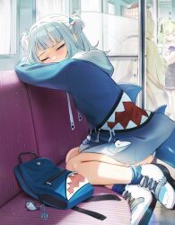 3girls backpack bag bloop_(gawr_gura) blue_hair blue_hoodie blue_panties ceres_fauna ceres_fauna_(jirai_kei) character_charm charm_(object) commentary english_commentary fins fish_tail gawr_gura gawr_gura_(1st_costume) green_hair grey_hair hair_ornament highres hololive hololive_english hood hoodie multicolored_hair multiple_girls panties shark_girl shark_hair_ornament shark_tail shoes streaked_hair tail train_interior two_side_up underwear virtual_youtuber waligner watson_amelia watson_amelia_(1st_costume) white_shoes