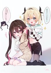 2girls alternate_hairstyle aqua_eyes ascot azki_(1st_costume)_(hololive) azki_(4th_costume)_(hololive) azki_(hololive) black_hair black_socks blonde_hair blush brown_jacket brown_pantyhose collared_dress colored_inner_hair crop_top cropped_hoodie double-parted_bangs dress hair_ornament hair_ribbon hairclip half-jacket highres hololive hood hood_down hoodie jacket kazama_iroha kazama_iroha_(pop_dance) kneeling long_hair long_sleeves midriff miniskirt mole mole_under_eye multicolored_hair multiple_girls navel official_alternate_costume open_mouth pantyhose pink_hair puffy_long_sleeves puffy_sleeves purple_eyes ribbon saka_x_x shirt sidelocks simple_background skirt sleeves_past_wrists smile socks streaked_hair translation_request twintails undershirt very_long_hair virtual_youtuber white_ascot white_background white_dress white_hair white_hoodie white_shirt