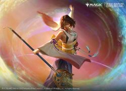 1girl beads brown_hair closed_eyes commentary copyright_name copyright_notice dancing detached_sleeves english_commentary final_fantasy final_fantasy_x hair_beads hair_ornament hakama hakama_skirt highres holding holding_staff japanese_clothes jewelry kevin_glint mage_staff magic:_the_gathering necklace obi official_art outstretched_arms print_hakama purple_hakama sash short_hair skirt solo staff wide_sleeves yuna_(ff10)