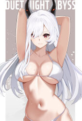 1girl absurdres alternate_costume armpits arms_up berenica_(duet_night_abyss) bikini black_horns blush breasts closed_mouth collarbone commentary duet_night_abyss halterneck highres horns large_breasts long_hair looking_at_viewer navel red_eyes solo stomach sweat swimsuit twomoon very_long_hair white_bikini white_hair