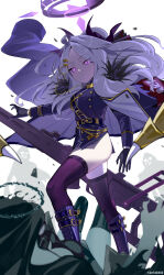 absurdres ahoge armband black_coat black_halo black_skirt black_thighhighs blue_archive boots breasts coat coat_on_shoulders demon_girl demon_horns demon_wings gang_shi_shao_e_fan gun halo highres hina_(blue_archive) horns long_hair looking_at_viewer machine_gun mg42 purple_eyes red_armband simple_background skirt small_breasts standing thighhighs thighs weapon white_background white_hair wings
