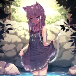 1girl animal_ears backlighting bare_arms bare_shoulders black_dress blue_eyes cat_ears cat_girl cat_tail closed_mouth commentary day dress english_commentary extra_ears grey_hair highres long_hair original outdoors pleated_dress ryuudog sailor_collar sailor_dress see-through_silhouette skirt_hold sleeveless sleeveless_dress smile solo sunlight tail very_long_hair wading water white_sailor_collar