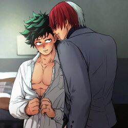 Rule 34 | 2boys, alternate costume, back, black eyes, boku no hero academia, burn scar, buttoning, closed mouth, collared shirt, commentary, freckles, green hair, highres, implied yaoi, jewelry, long sleeves, looking at another, male focus, midoriya izuku, multicolored hair, multiple boys, pocket, red hair, ring, scar, scar on face, shirt, short hair, split-color hair, todoroki shoto, two-tone hair, upper body, white hair, white shirt, zazaraza33
